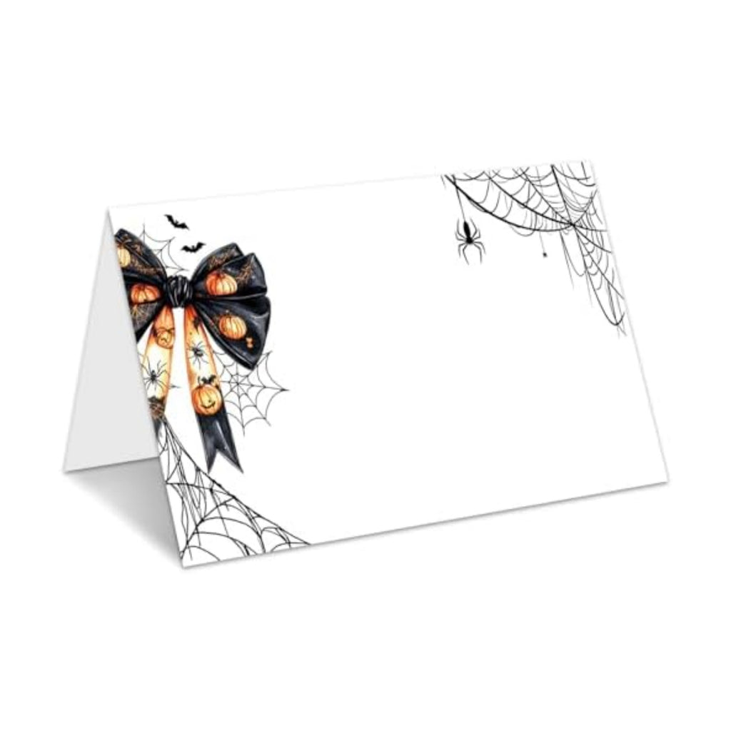 Halloween Place Cards for Table Setting, Bow Tent Cards Decor For Birthday Baby Shower Autumn Party Reception Decorations, Bridal Shower Place Card, 25 Pack Birthday Food Name Card 2 x 3.5" /031