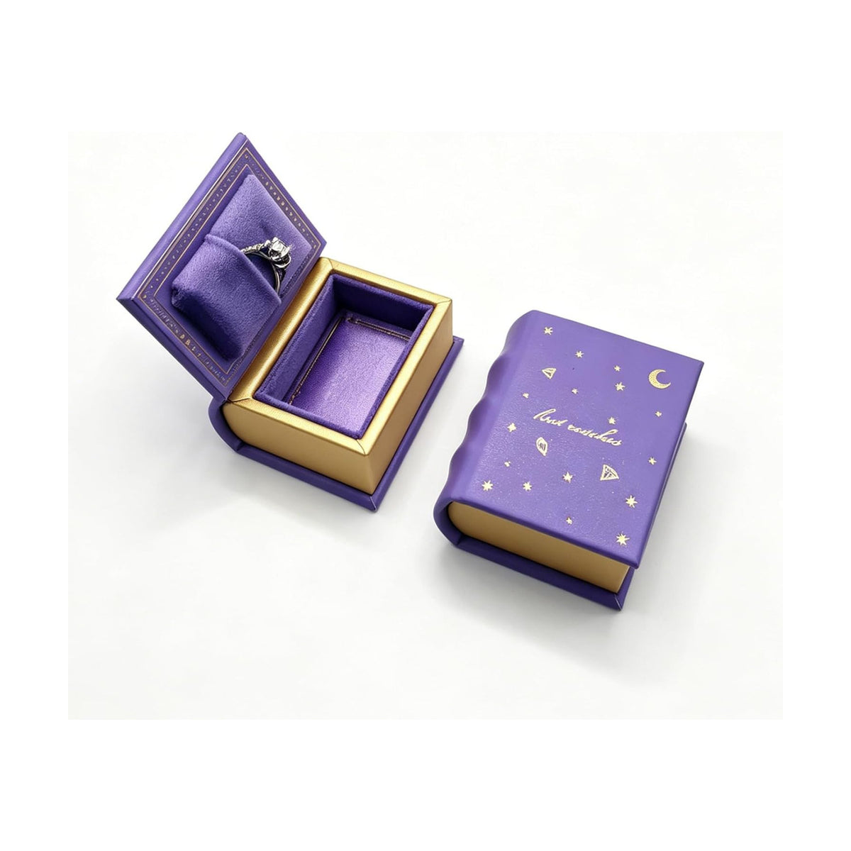 Book Shaped Ring Box - Vintage Engagement Ring Box with Hinged Lid for Proposal Engagement Wedding, Proposal Ring Case -PRB026-Purple