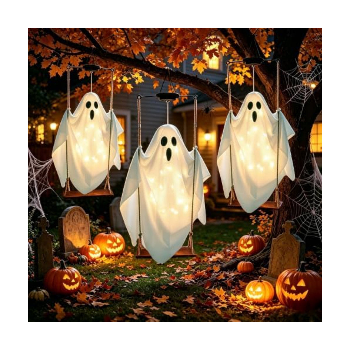 Halloween Decorations Outdoor Solar Hanging Swing Ghost Halloween Decor with String Lights, 2 Pack Scary Party Gifts Decor, Spooky Ghost on Swing Decorations for Yard Garden Porch Haunted House Tree
