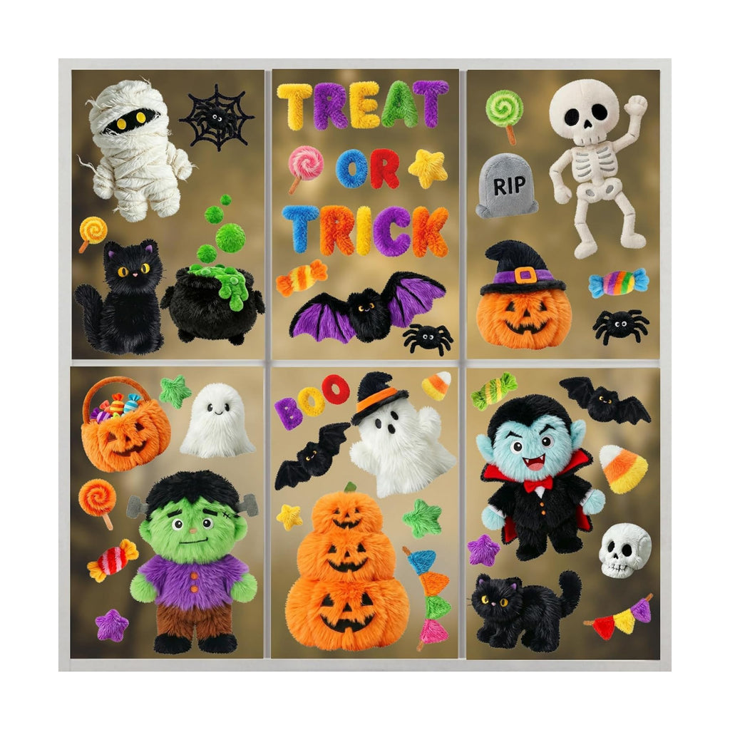 Halloween Decorations Window Clings, 8 Sheets Plush Style Zombie Skeleton Monster Vampire Pumpkin Halloween Decals, Cute Double Sided Printed Glass Door clings Decals for Home Office School Party