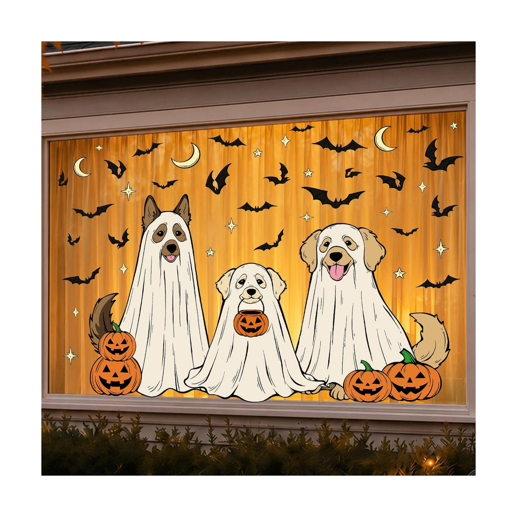 Halloween Window Clings, 3pcs Dog Ghost Funny Design Halloween Decorations Window Decals, Draped Fabric Ghost Puppy Static Cling Stickers for Glass Door Home Kids Room Office Classroom Decor
