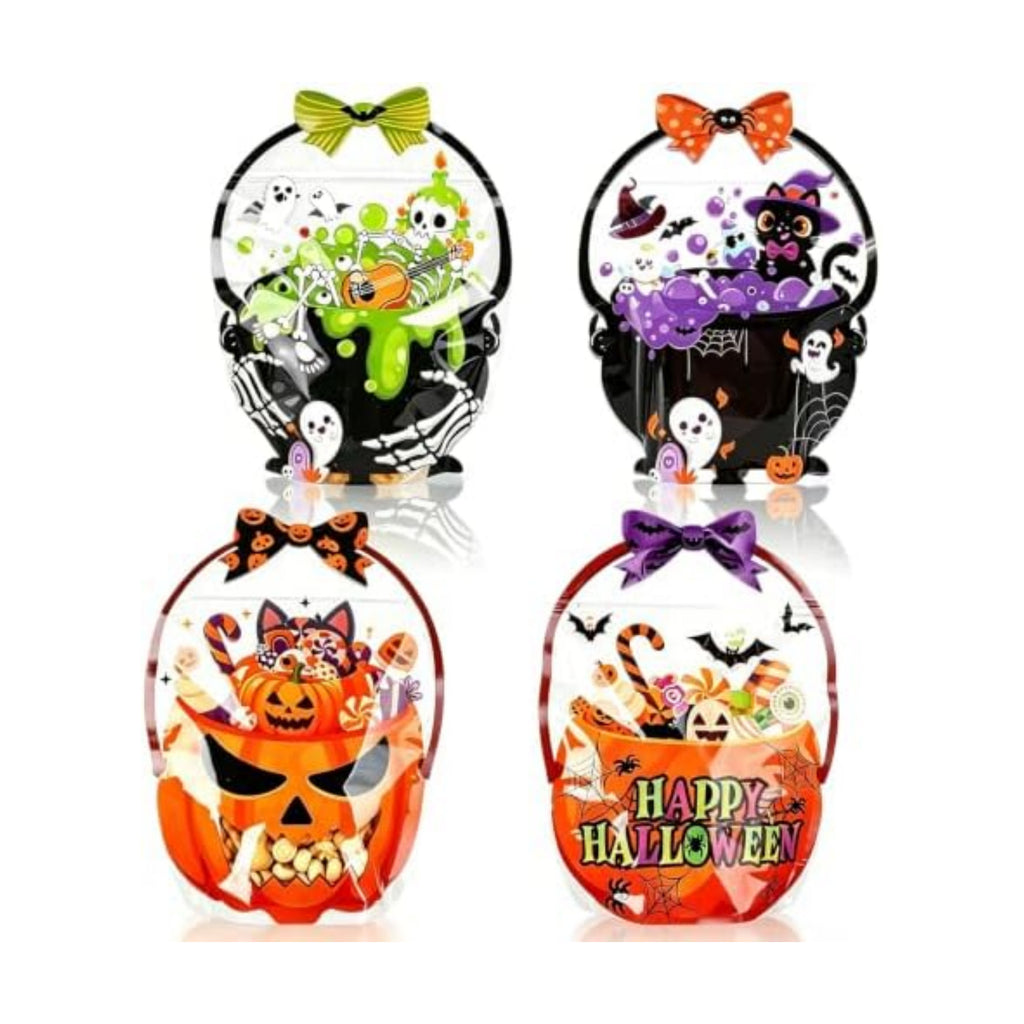 Halloween Treat Bags 24 PCS Plastic Flat Bottom Ziplock bags with Handle(7.3x10.4 Inch) Halloween Trick or Treat Bag Candy Goodie Snack Goody Gifts Wrap Pumpkin Ghost Spooky Party Favors Supplies
