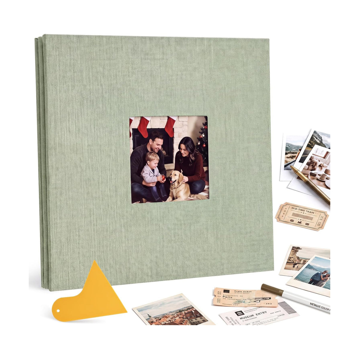 Self-Adhesive Scrapbook Album 11 × 10.6 In, Linen Cover, Sage Green