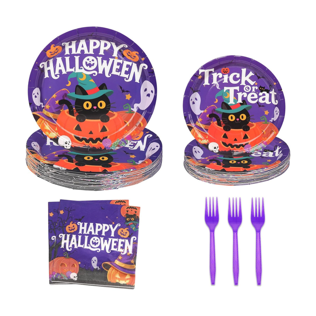 100 Pcs Purper Halloween Plates and Napkins Set Party Supplies Serve 25