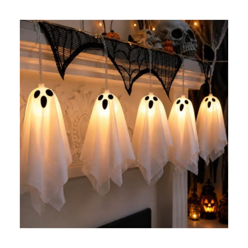 Halloween Lights Outdoor Indoor 10FT 10 LED 3D Ghost Lights Halloween String Lights Battery Operated Ghost Garland with Lights, Halloween Decorations for Mantle Fireplace Porch Yard Window Party Decor