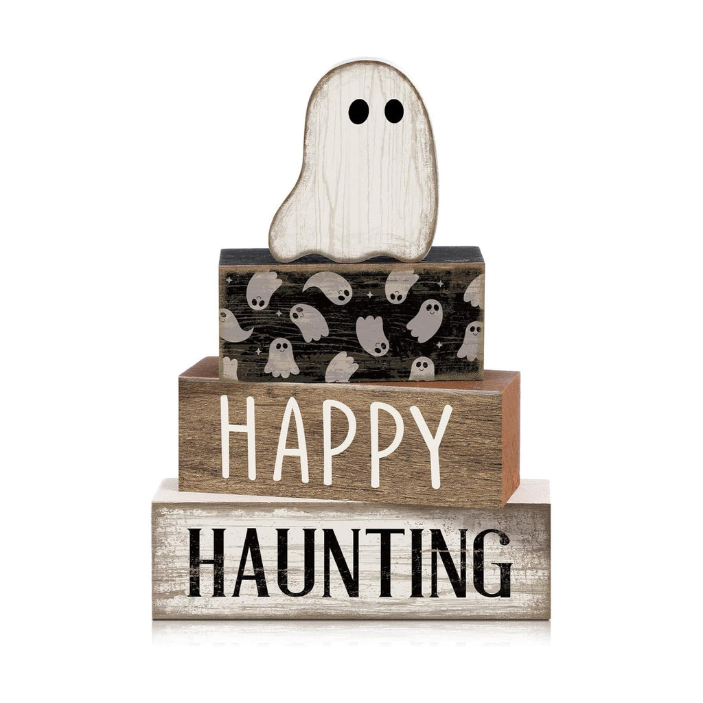 Lineshading 4 Pcs Halloween Table Decor for Home, Wooden Ghost Block Sign