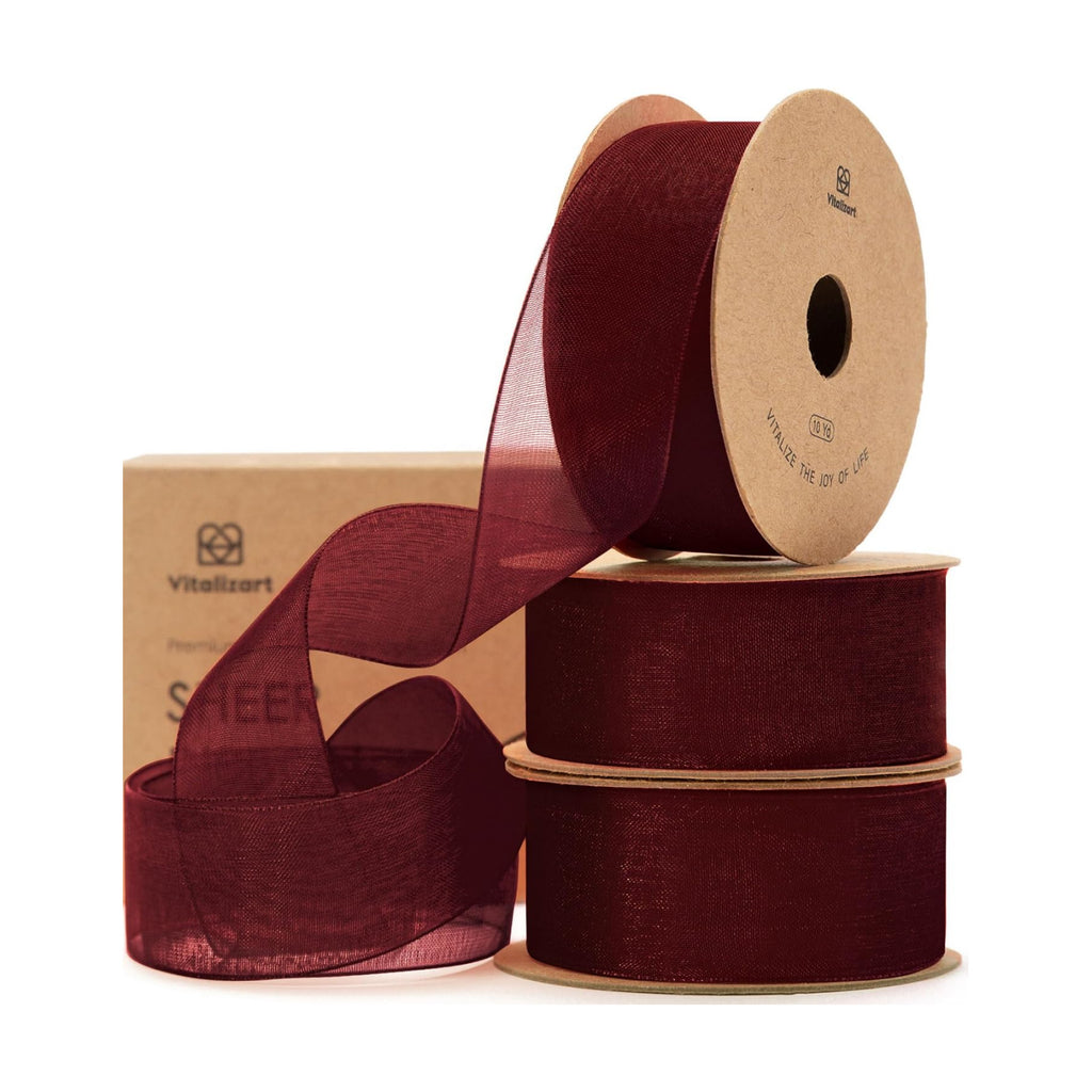 Vitalizart Burgundy Organza Ribbon 1" x 30 Yd Sheer Gift Wrapping Ribbon
