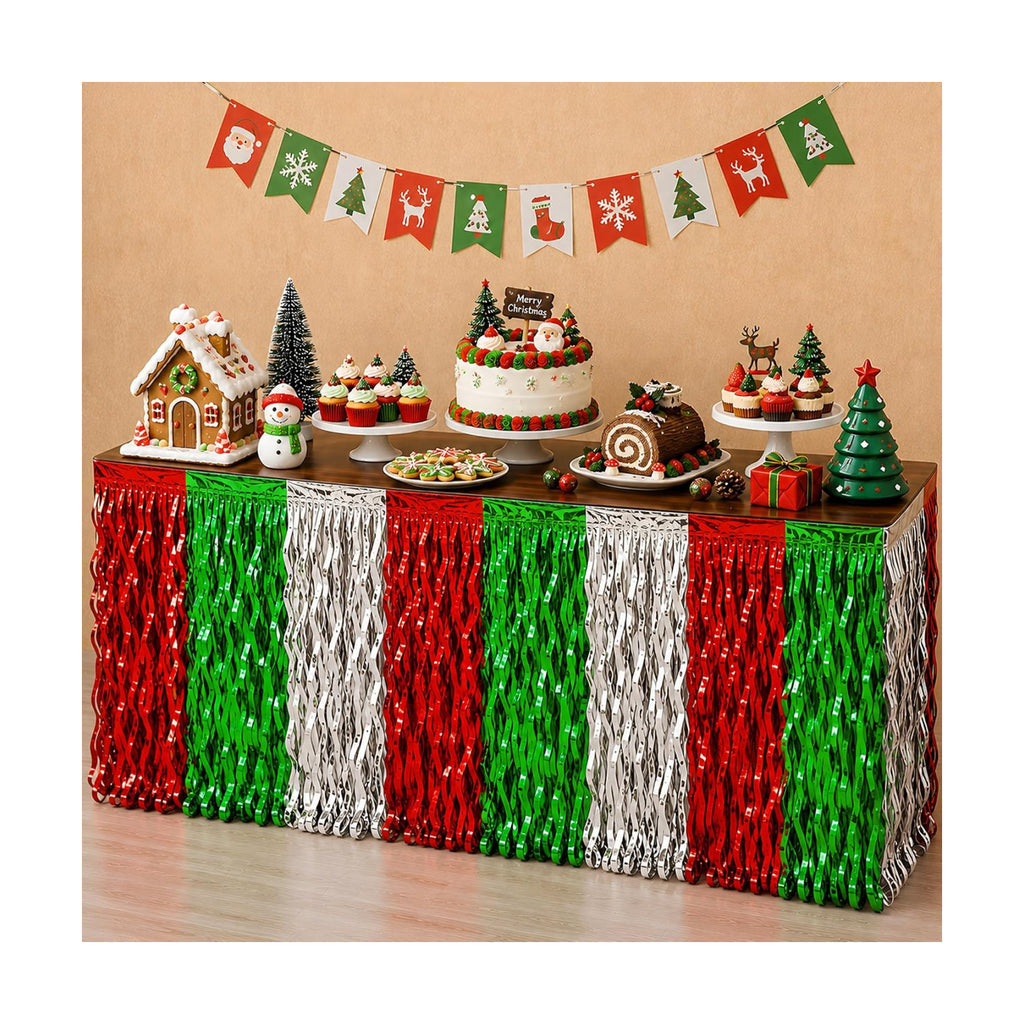 Christmas Decorations - 2 Pack Red Green White Wavy Foil Table Skirts
