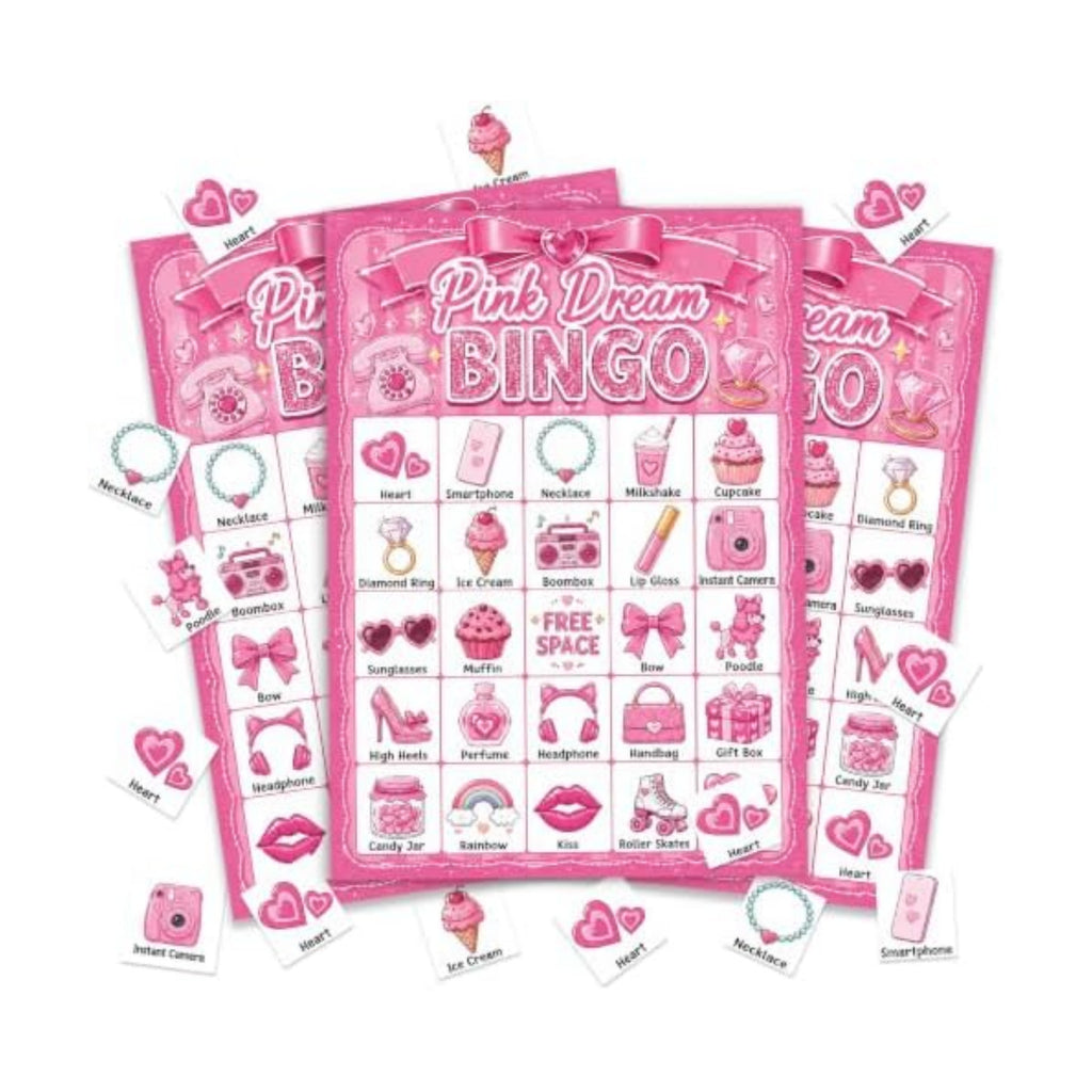 Pink Dream Glitter Bingo Game Cards, 24 Player Party Game for Girls