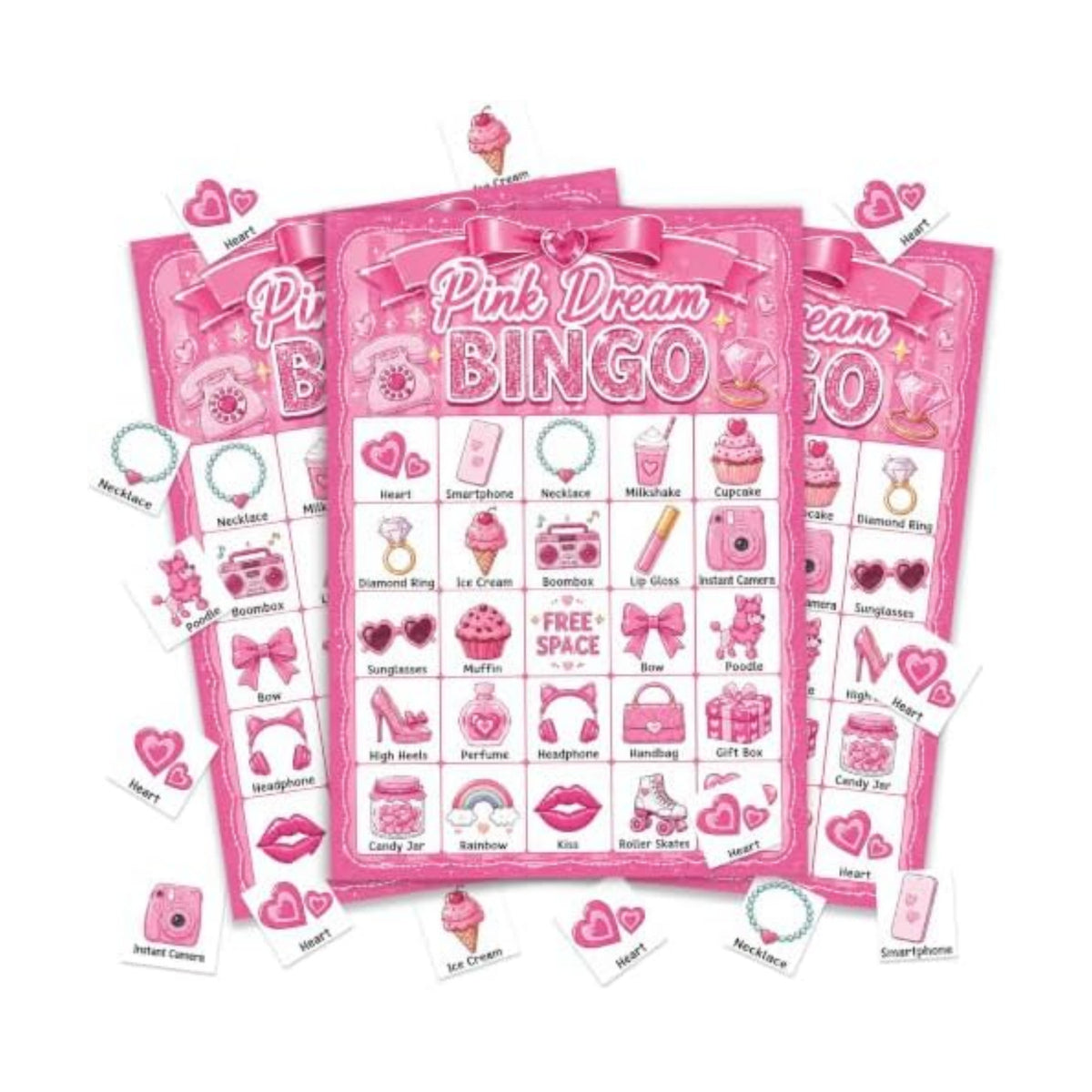 Pink Dream Glitter Bingo Game Cards, 24 Player Party Game for Girls