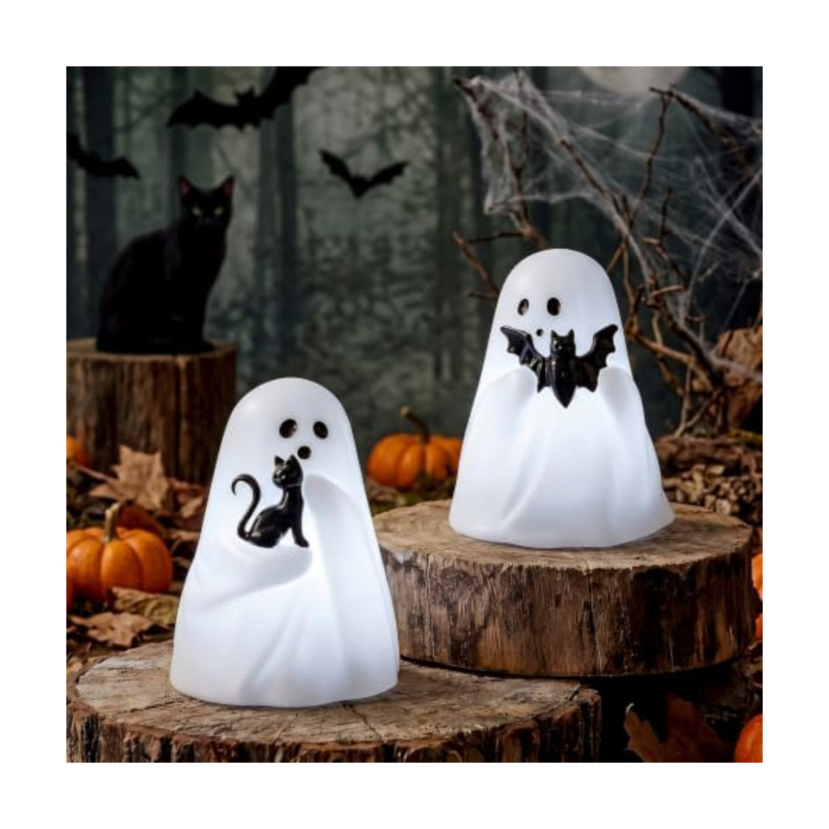 GenSwin Bat & Cat Ghost Halloween Ghost Flameless Candles with Timer