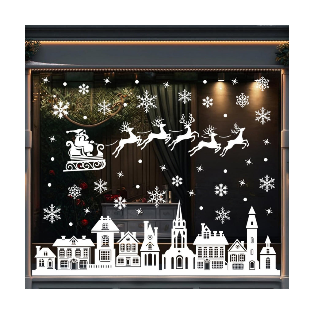 Christmas Window Clings White Silhouette Christmas Window Stickers, Reusable Static Santa Sleigh Reindeer Holiday Decals, Winter Wonderland Village Street Scene for Glass Windows Home Decor