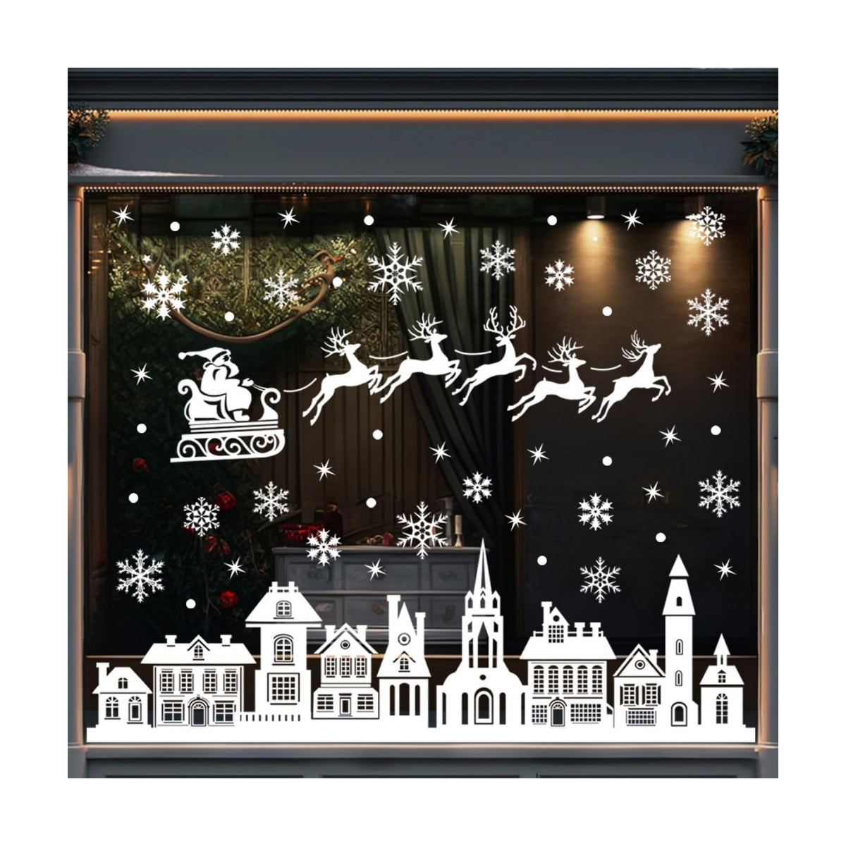 Christmas Window Clings White Silhouette Christmas Window Stickers, Reusable Static Santa Sleigh Reindeer Holiday Decals, Winter Wonderland Village Street Scene for Glass Windows Home Decor