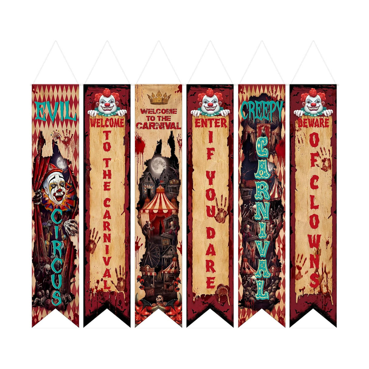 Hahafelt 6 Pcs Halloween Party Decorations Banners 61 Inch Carnival Clown Bulletin Board Banner Evil Circus Gothic Porch Door Hanging Decor for Wall Classroom Office Halloween Circus Party Supplies