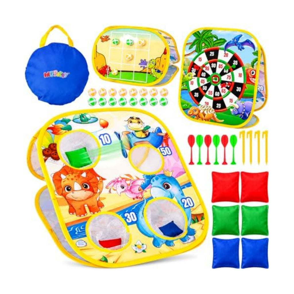 3 in 1 Bean Bag Toss Game for Kids, Dinosaur Cornhole Board with Magnetic Dart Board, Sticky Ball Tic Tac Toe, Outdoor Toys for Kids Ages 3-8, Backyard Beach Party Games Birthday Gifts for Boys Girls