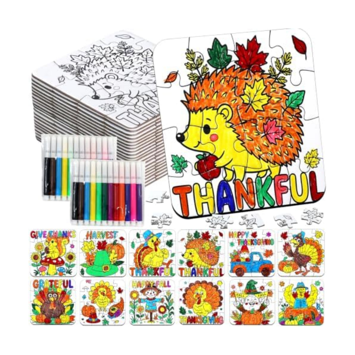 24Set Fall Thanksgiving Crafts for Kids Toddlers Adults, Thanksgiving Art Craft DIY Kit Blank Puzzle Pumpkin Turkey, Autumn Classroom Activities for Party Favors Gift Coloring Games Toys Supplies Bulk