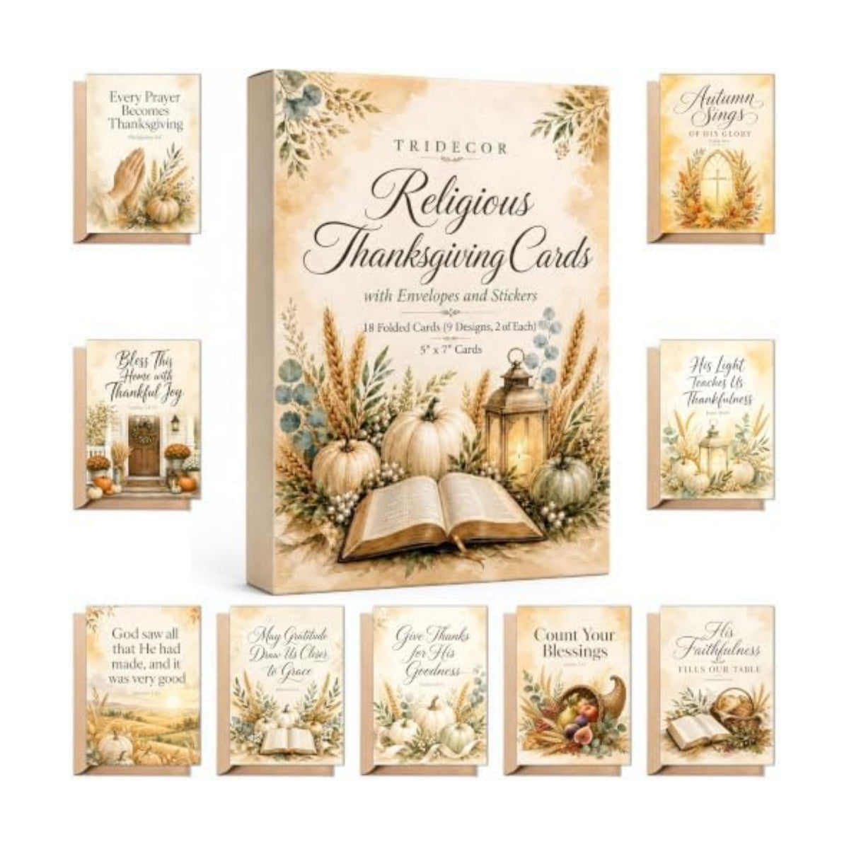 Religious Thanksgiving Cards, 18 Christian 5x7 Cards with Envelopes