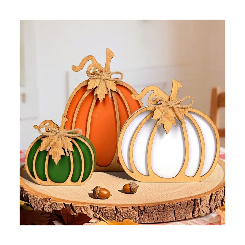 OLANRUN Fall Decorations for Home, 3-Piece Farmhouse Wooden Pumpkin Fall Decor, Handmade Crafts, Autumn Thanksgiving Decorations for Table, Tiered Tray, Mantel, Shelf, Office (4-8 Inch)