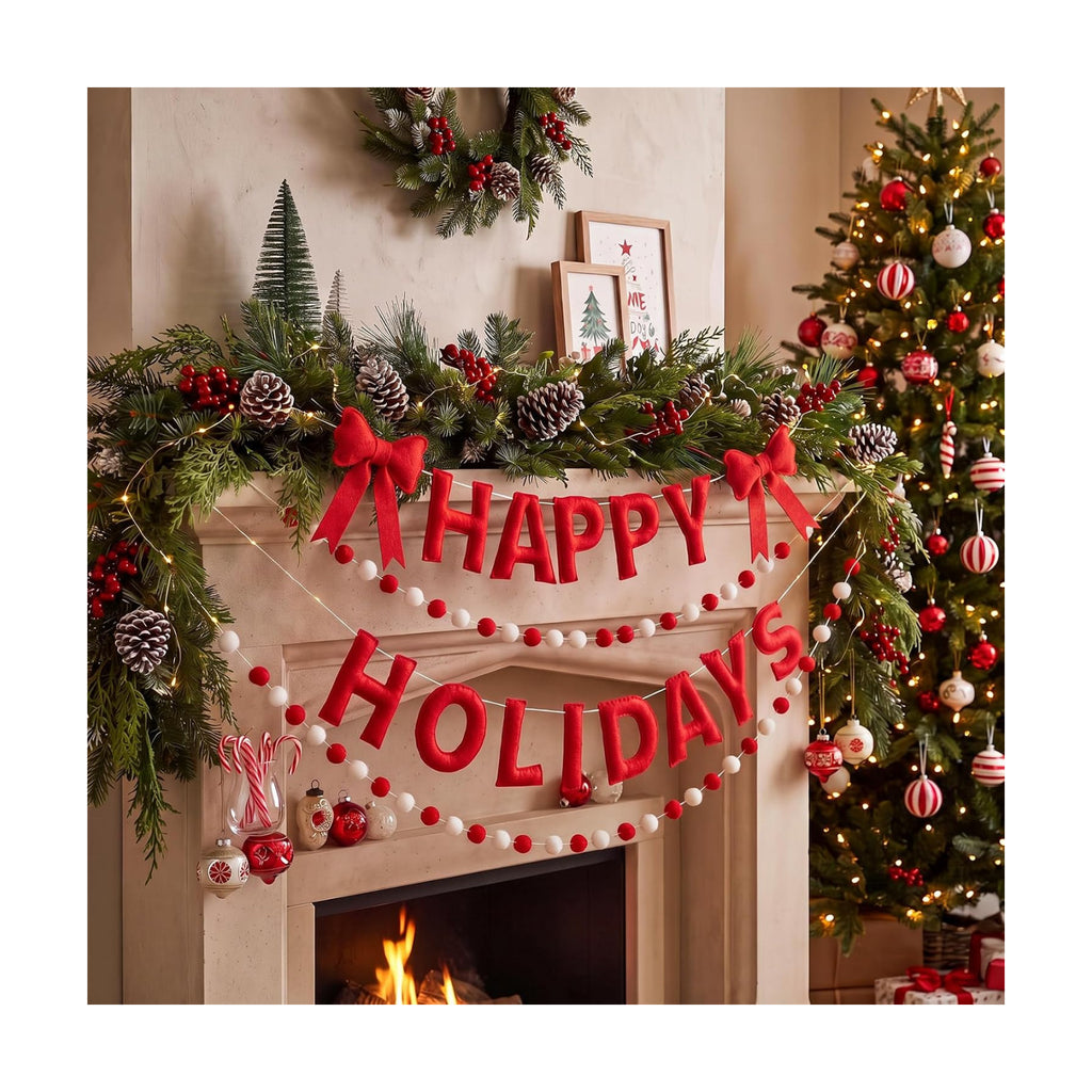 Mindsoft 4 Pcs Felt Happy Holidays Banner Christmas Pom Pom Garland Mantel