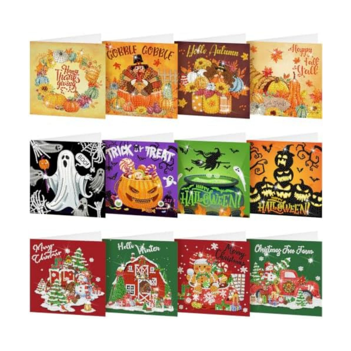 Saillong 12 Pack Fall Diamond Painting Greeting Cards Kits DIY Holiday Diamond Art Cards with Envelopes Halloween Christmas 5D Rhinestones Painting Making Kit for Adult DIY Crafts Party Favors Gifts