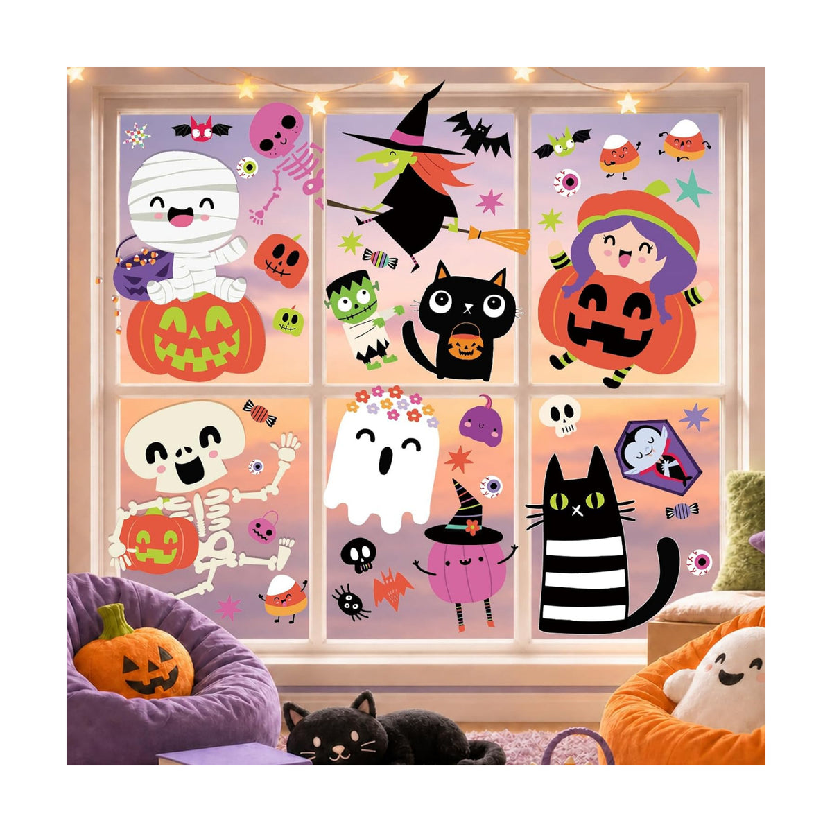 9 Sheet Halloween Window Clings for Kids, Ghost Skeleton Bat Stickers Decor