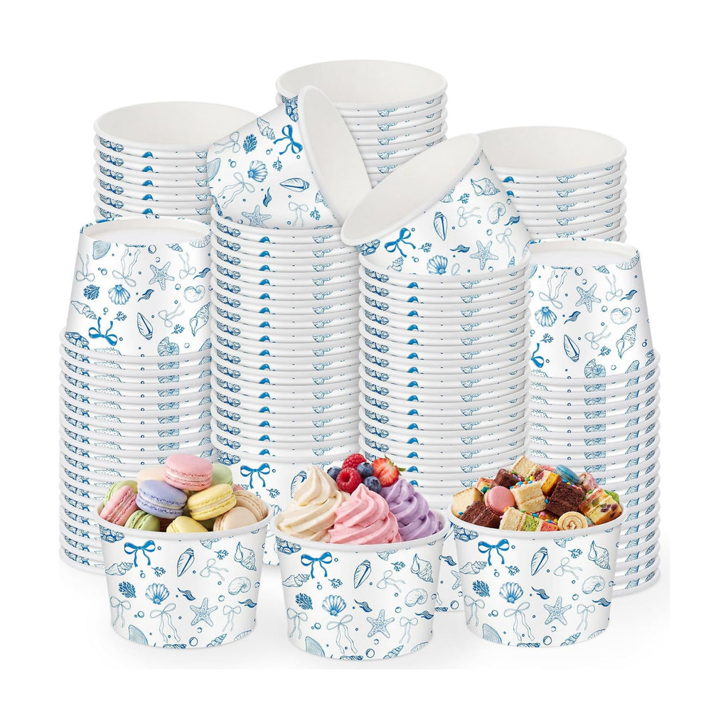 Maxdot 50 Pcs Blue Bow Starfish Seashelle Ice Cream Paper Cups 9oz Ocean Coastal Disposable Snack Cups Paper Dessert Bowls for Yogurt Cupcakes Hot Cold Food Baby Shower Wedding Bridal Party Supplies