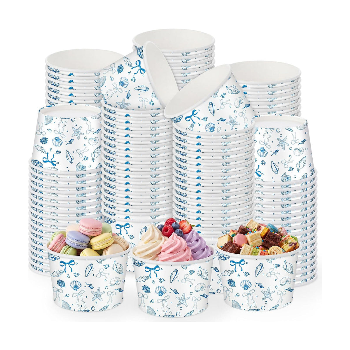 Maxdot 50 Pcs Blue Bow Starfish Seashelle Ice Cream Paper Cups 9oz Ocean Coastal Disposable Snack Cups Paper Dessert Bowls for Yogurt Cupcakes Hot Cold Food Baby Shower Wedding Bridal Party Supplies