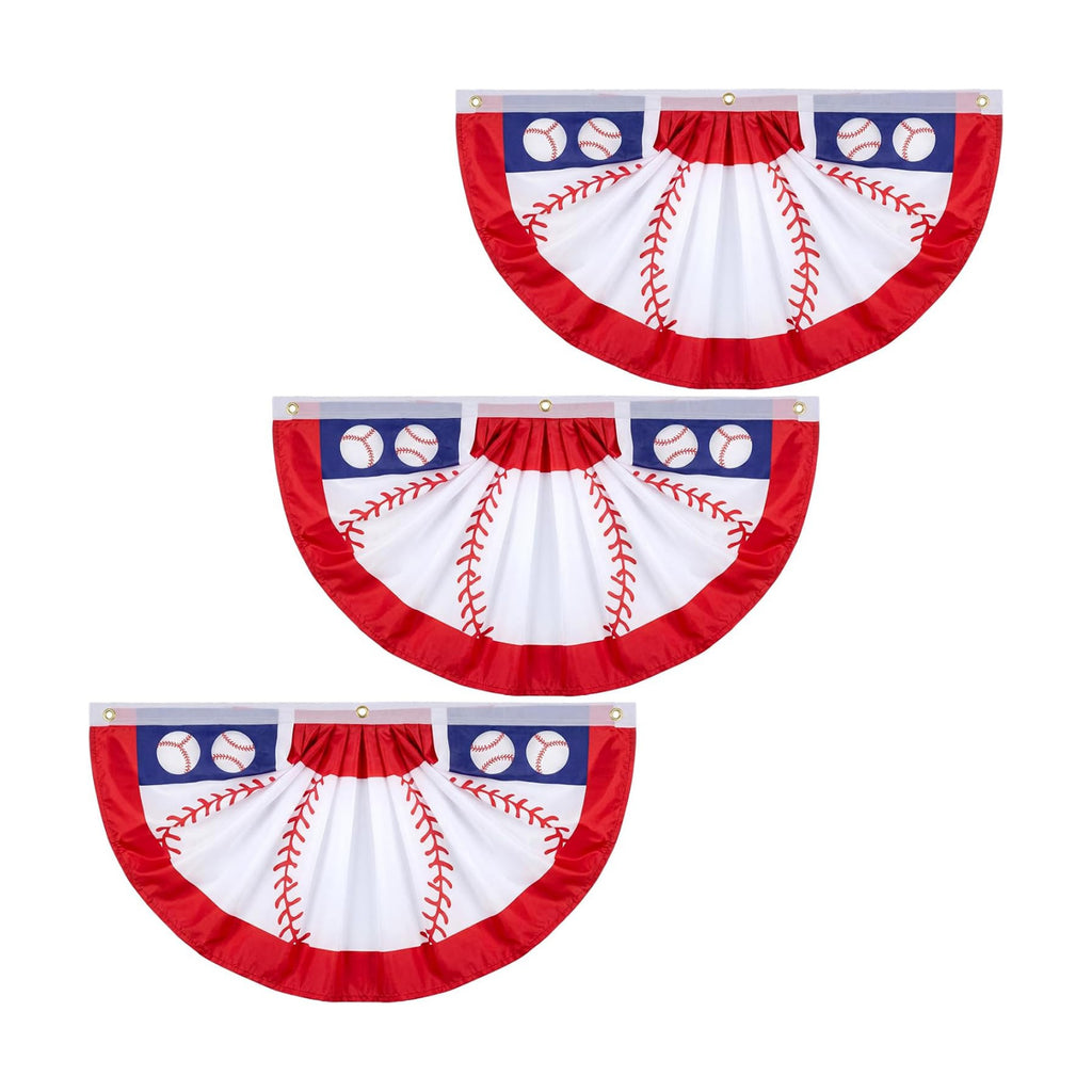 Outus 3 Pcs Pleated Bunting Fan Flag 1.5 x 3 ft Christmas Decoration Half Fan Flag Hanging Banners for Party Supplies Yard Decoration(3 Pack,Baseball)