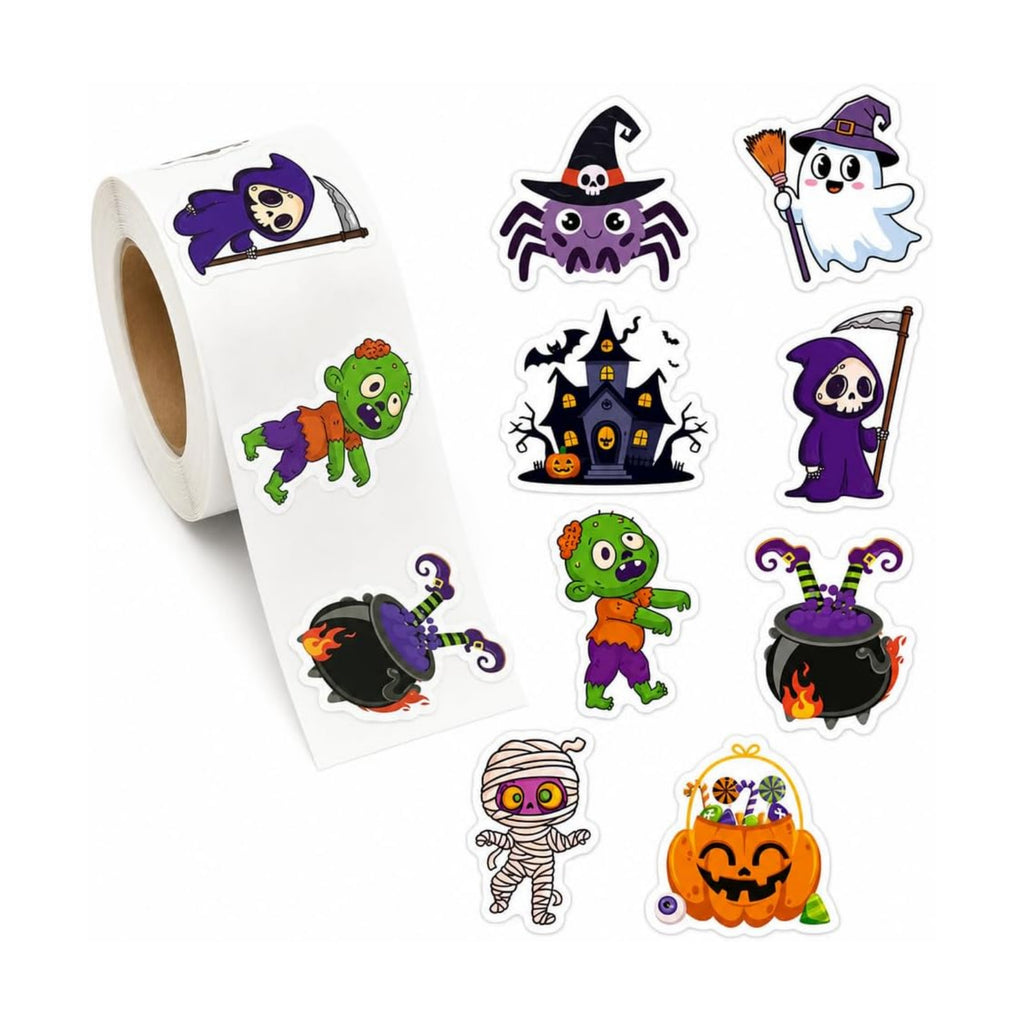 500 PCS Cute Halloween Stickers Roll, 1.5" Die-Cut Cartoon Ghost Pumpkin Zombie Decals, 8 Spooky Self-Adhesive Paper Labels for Teacher Classroom Rewards, Party Favors, Trick or Treat Envelope Seals