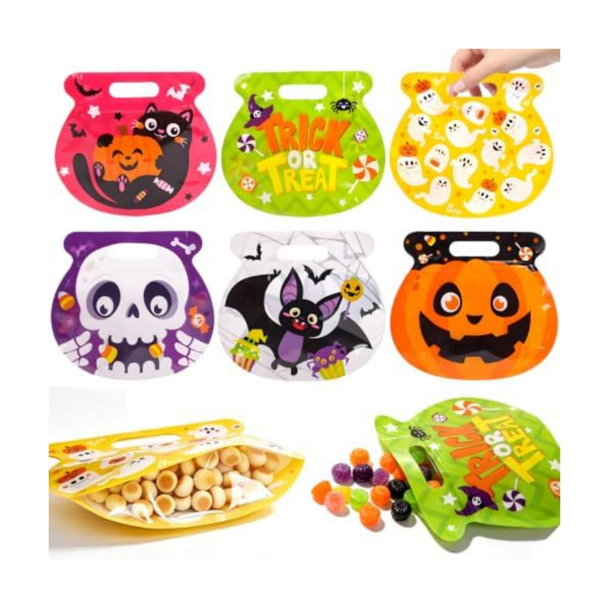 FOIMAS Halloween Treat Bags, 48pcs Plastic Candy Bags Zipper Seal Bags Resealable Pumpkin Bat Ghost Goodie Bags with Handles for Trick or Treat Halloween Party Supply Decor Home Classroom
