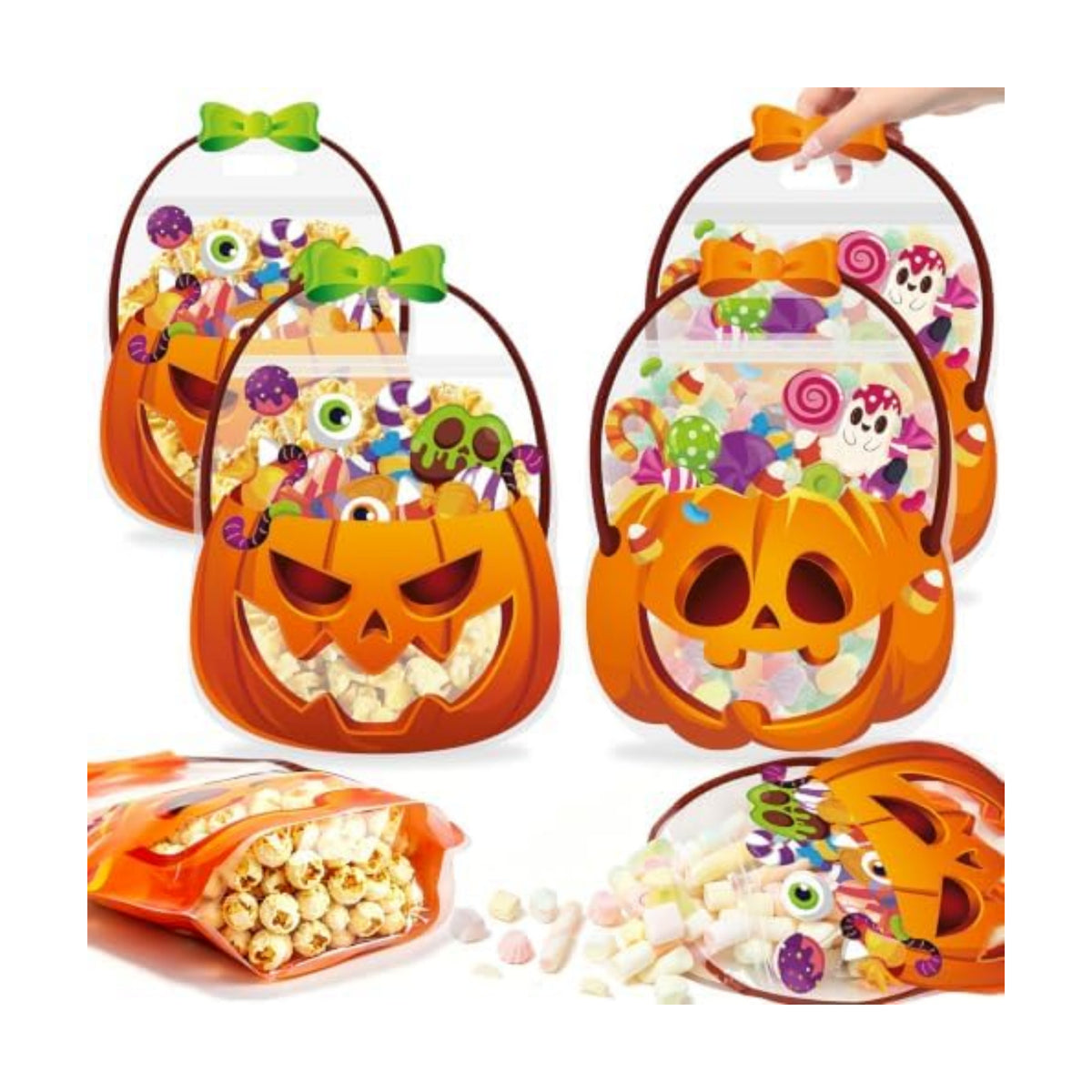 FOIMAS Halloween Treat Bags, 50pcs Pumpkin Cauldron Plastic Candy Bag Zipper Seal Bag Resealable Jack-O-Latern Goodie Bags with Handle for Trick or Treat Halloween Party Supply Decor Home Classroom