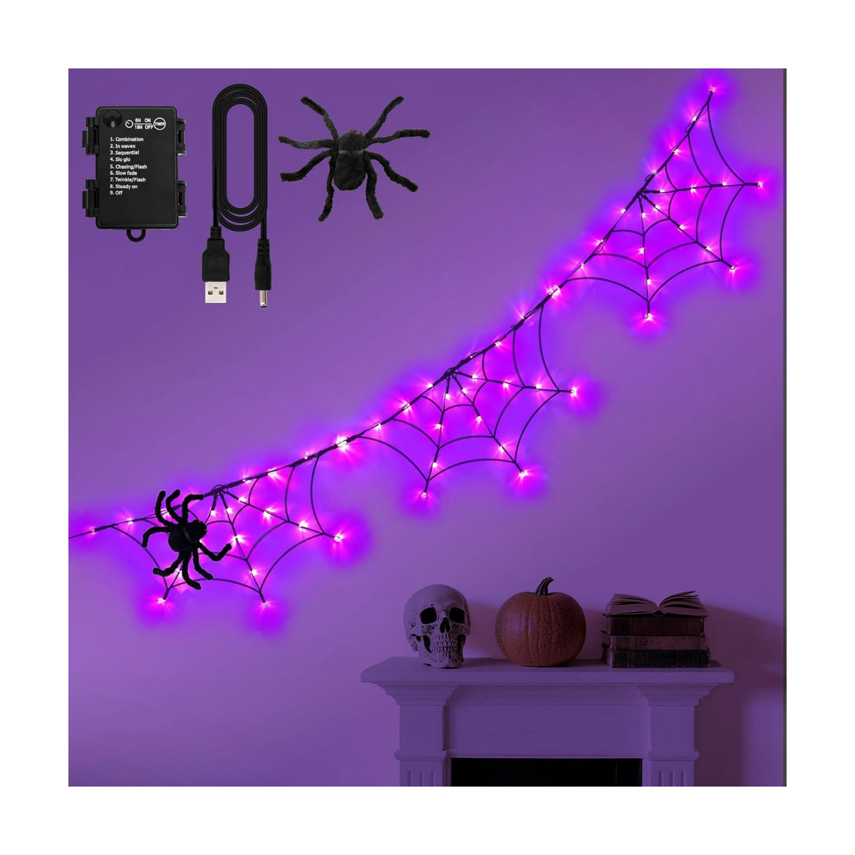 Halloween Decorations Spider Web Lights 6FT 60LED Battery Operated/USB Powered with Black Spider with Timer 8 Modes Indoor Outdoor for Halloween Decor, Purple