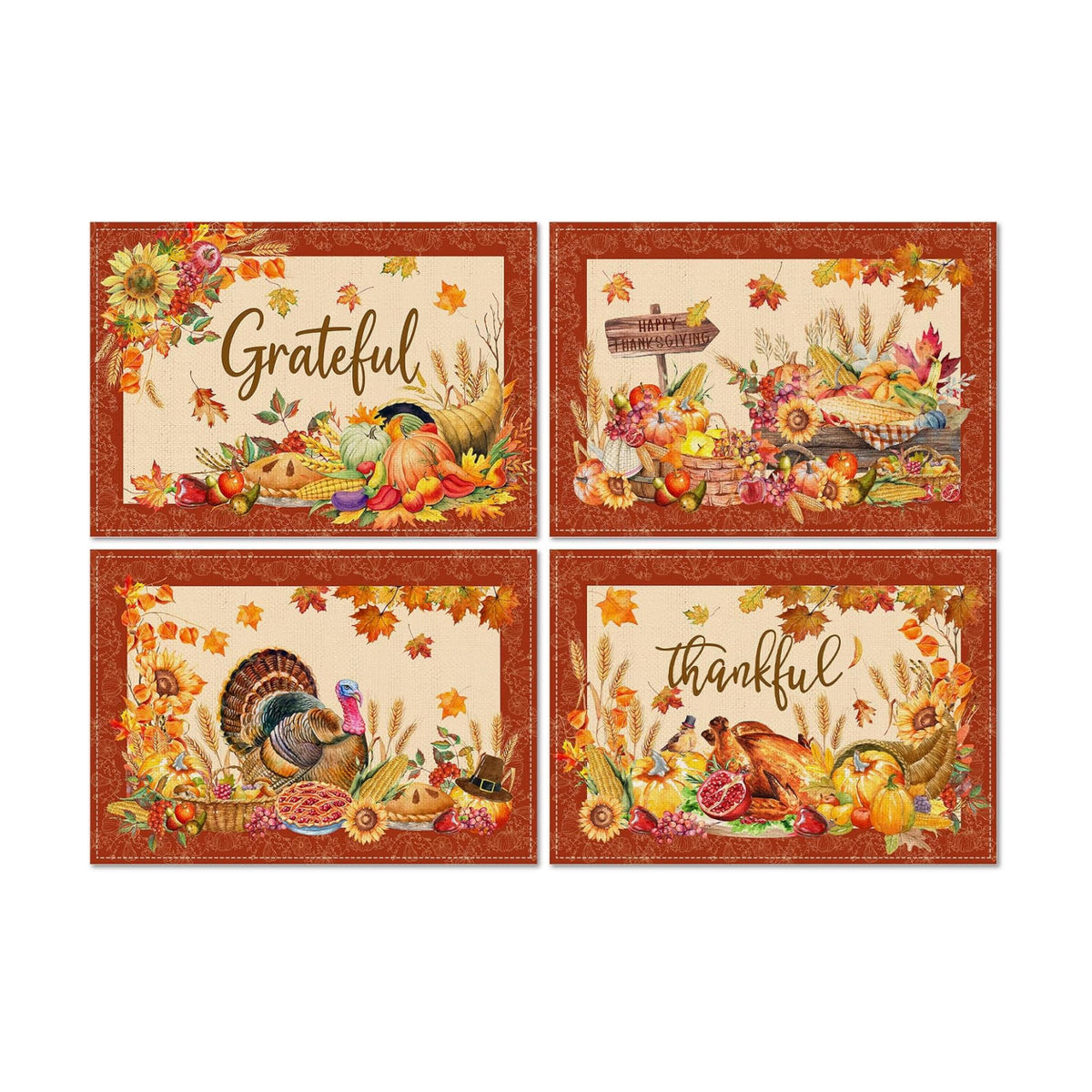 Thanksgiving Placemats Set of 4, Turkey Holiday Placemats Set of 4 12x18 Inch for Dining Table, Thanksgiving Place Mats Pumpkins Table Decor for Kitchen Dining Room Home