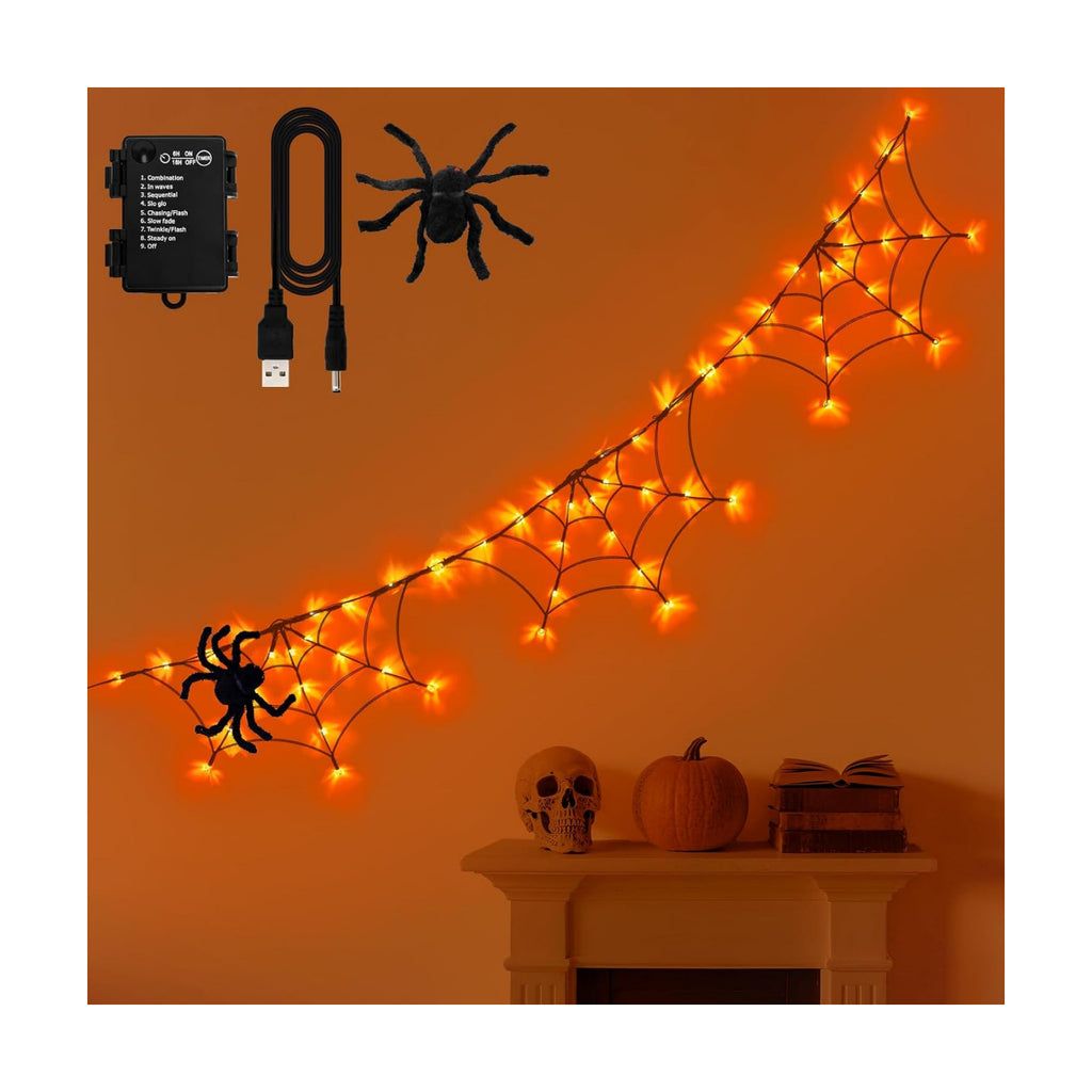 Halloween Decorations Spider Web Lights 6FT 60LED Battery Operated/USB Powered with Black Spider with Timer 8 Modes Indoor Outdoor for Halloween Decor, Orange