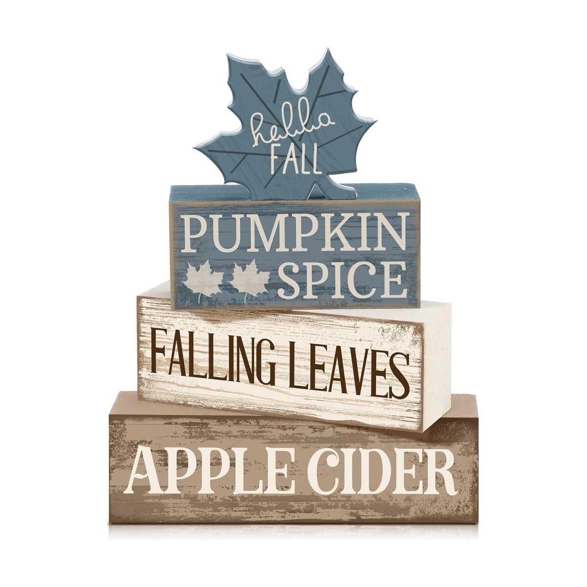 Moucuny 4 Pcs Fall Table Decoration Rustic Blue Maple Leaf Wooden Blocks