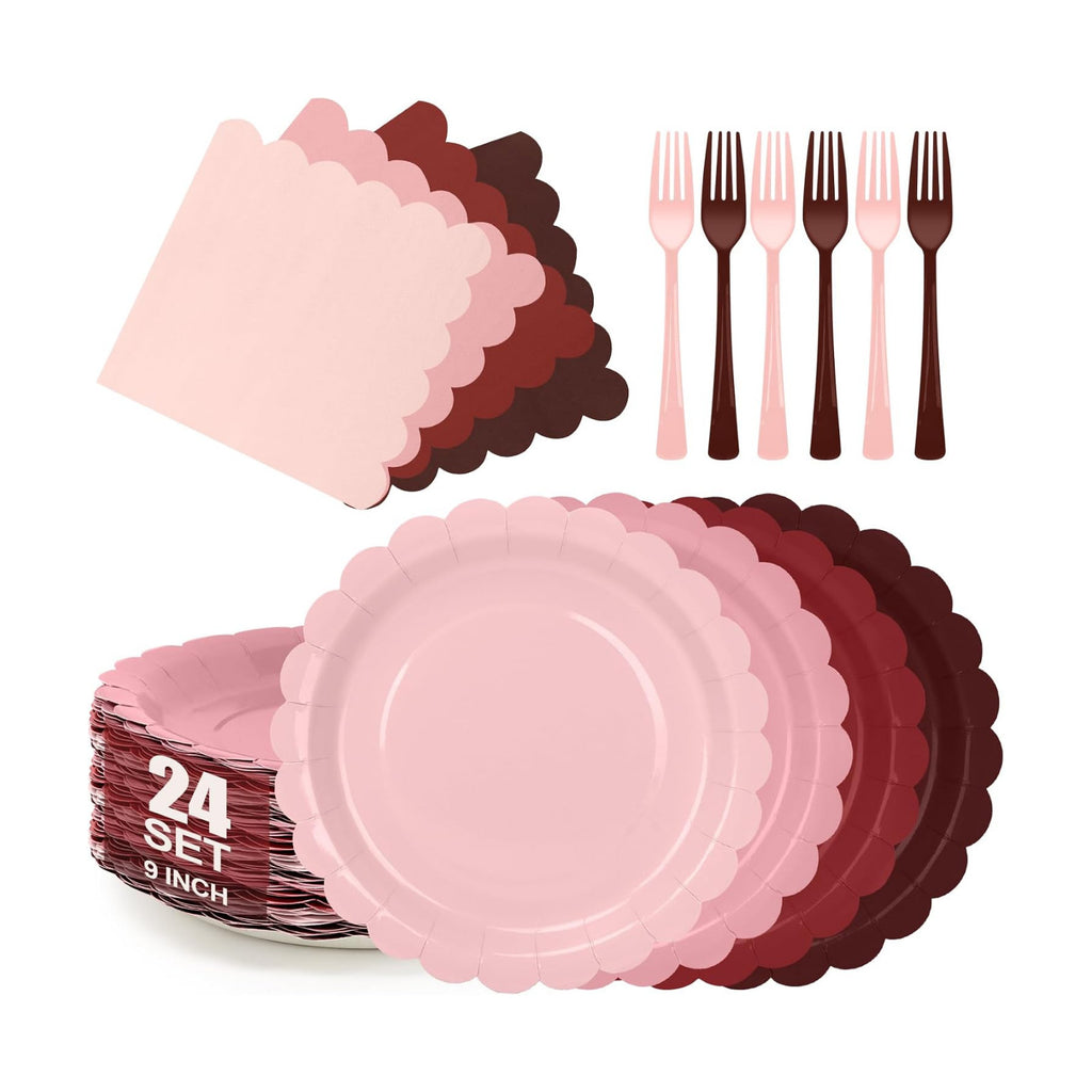 Pink and Burgundy Paper Plates and Napkins,Include Gradient 9inch Plates Napkins Forks Disposable Party Supplies for Baby Shower,Birthday,Wedding,Serves 24