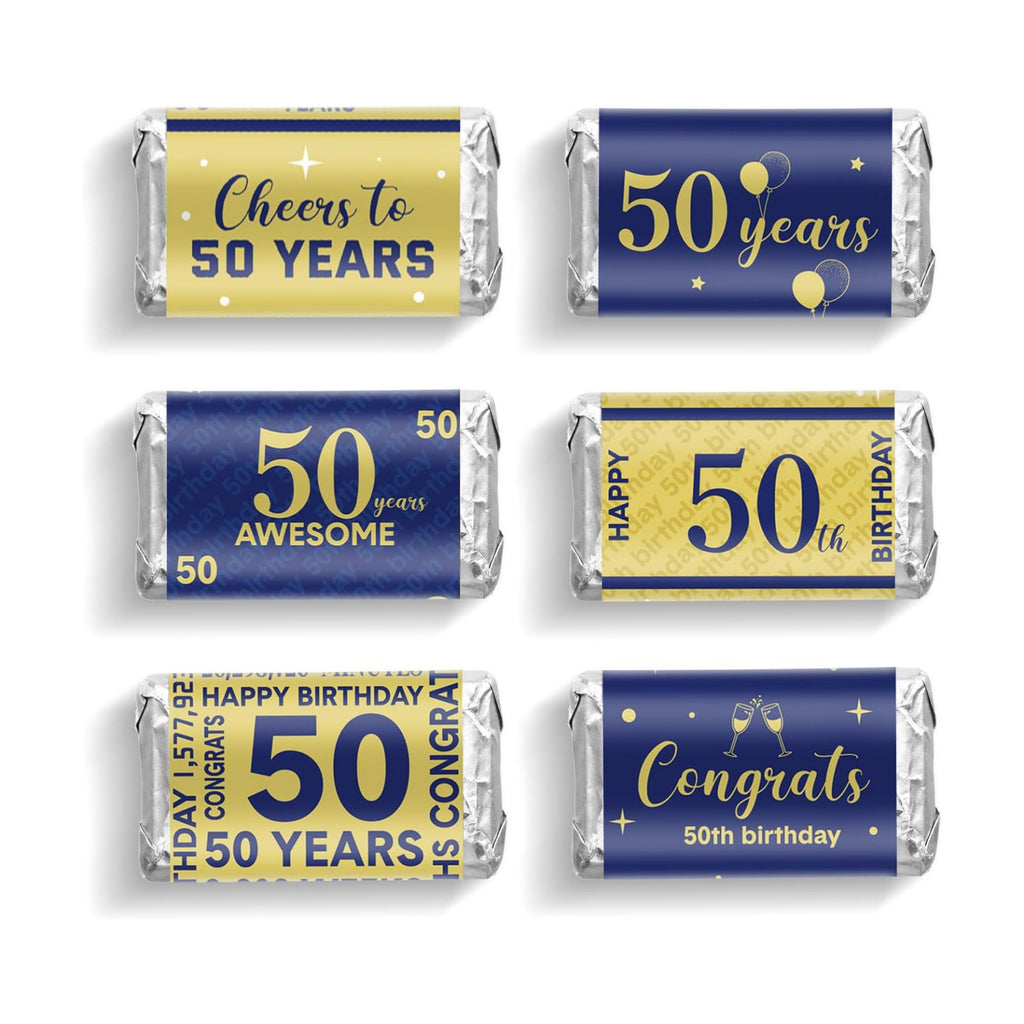 Tenare 90 Pcs 50th Birthday Candy Wrappers, Blue and Gold Stickers