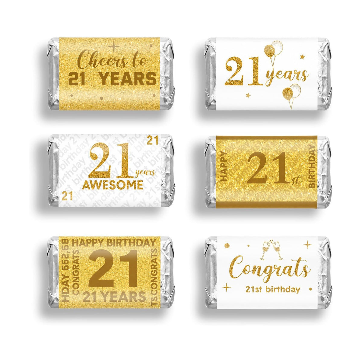 Tenare 90 Pcs 21st Birthday Candy Wrappers, White and Gold Stickers