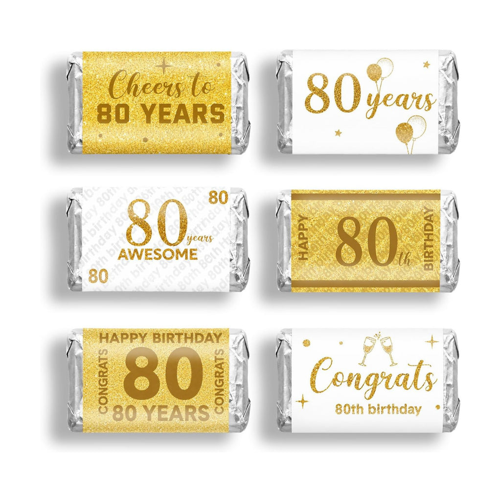 Tenare 90 Pcs 80th Birthday Candy Wrappers, White and Gold Stickers