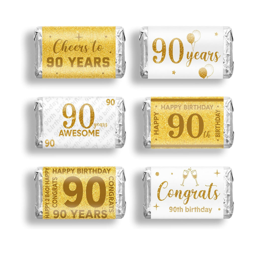 Tenare 90 Pcs 90th Birthday Candy Wrappers, White and Gold Stickers