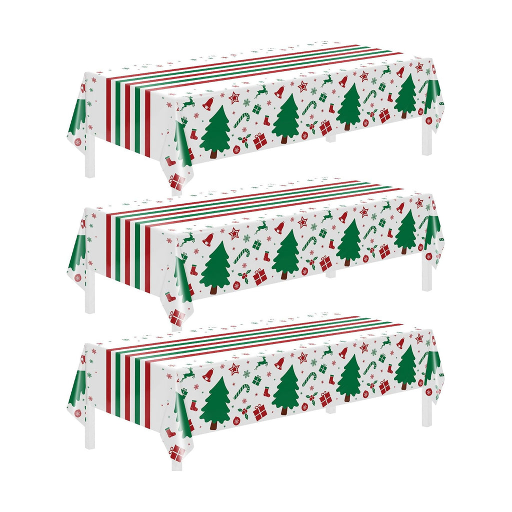 Childom 3 Pack Christmas Tablecloth,Christmas Decorations 54"x108" Disposable Plastic Table Cover for Rectangular Tables,Xmas Tree Table Cloth for Home,Dinner,Indoor,Holiday,Birthday Party Supplies