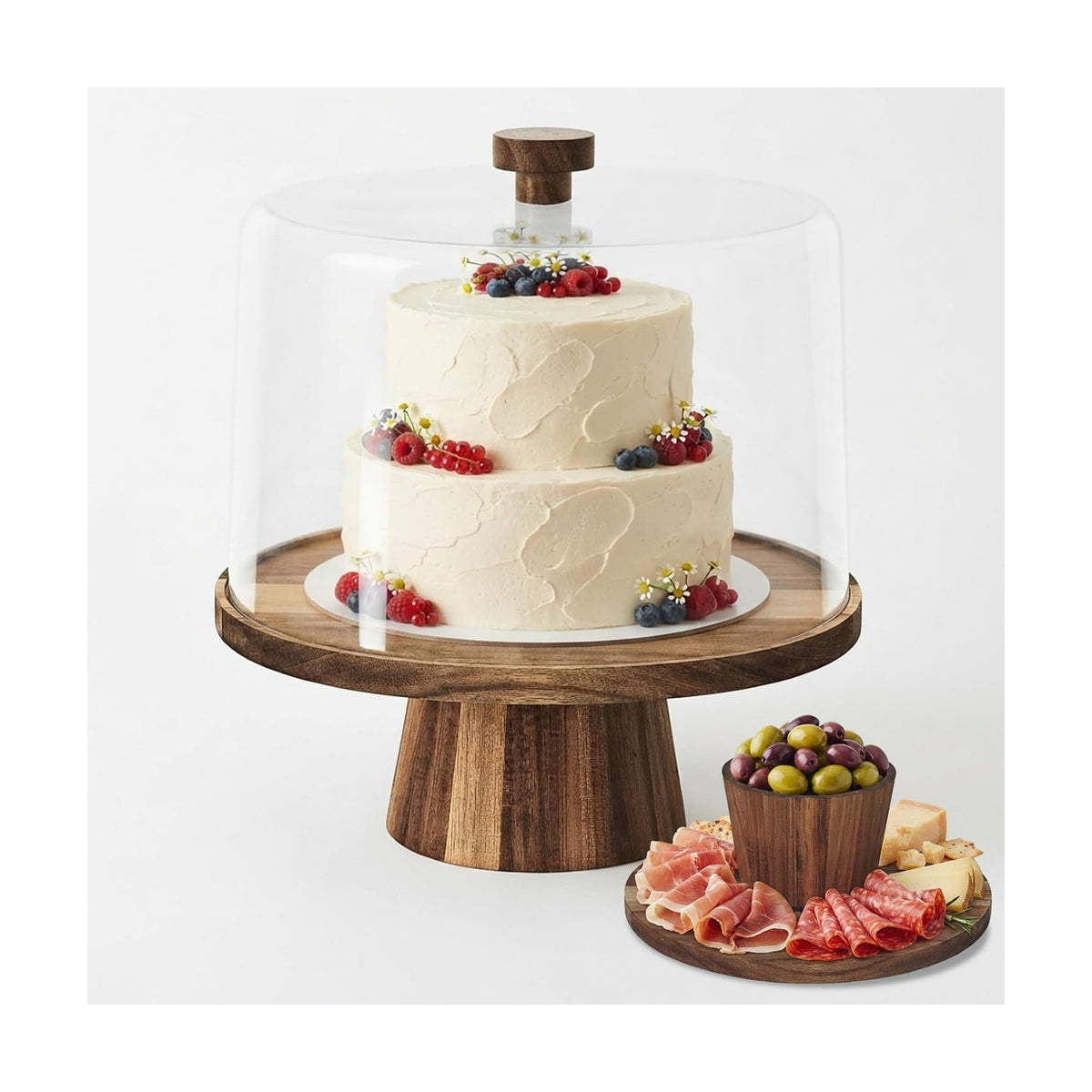 NWK 3-in-1 Acacia Wood 11 inch Cake Stand with Tall Acrylic Lid