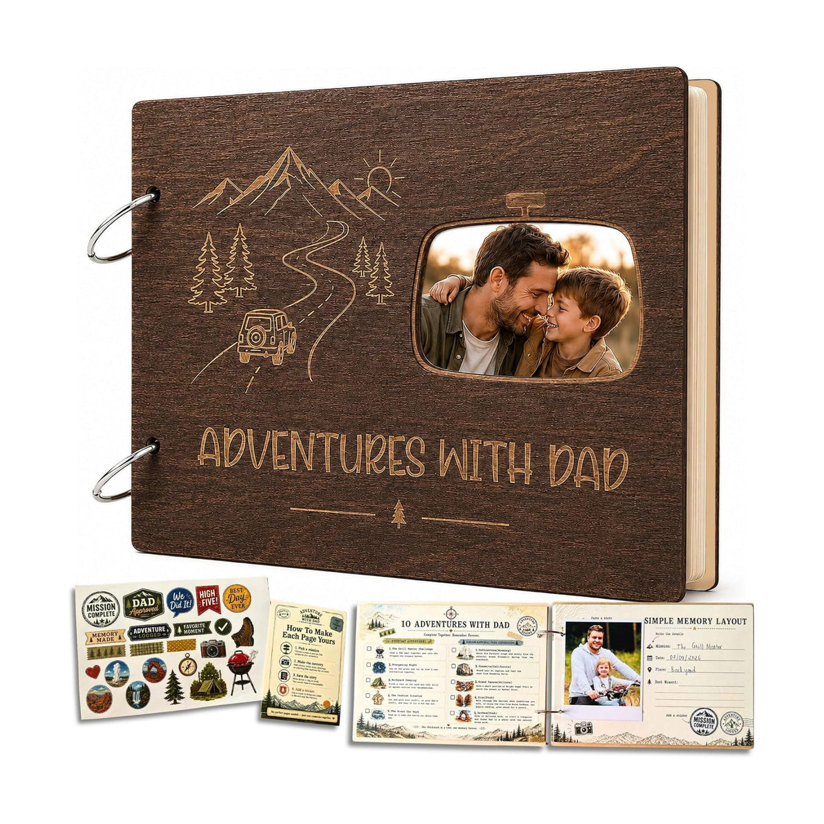Adventure Scrapbook With Wooden Cover For Dad, Father’s Day Photo Album, Fathers Day Scrapbook, Personalized Fathers Day Book, Fathers Day Gift From Kids Son Daughter Wife