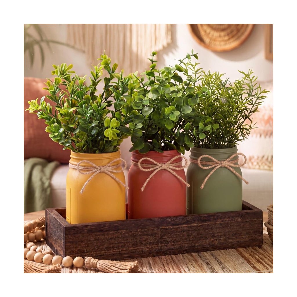 Unittype 3 Pack Boho Mason Jars Centerpiece for Table Farmhouse Wood Tray with 3 Painted Jars and Fake Eucalyptus Plants Rustic Coffee Table Centerpiece for Dining Room Kitchen Living Bathroom