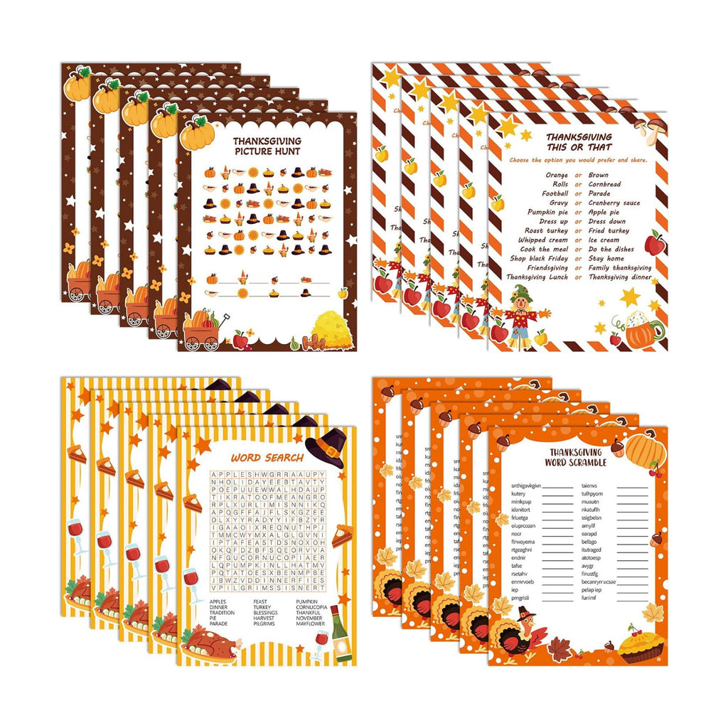LOAVER 54 Pcs Thanksgiving Trivia Party Game Cards, Double-Sided Word Scramble Search Picture Hunt Activity Cards for Thanksgiving Family Gathering Fall Holiday Party Games Harvest Activities