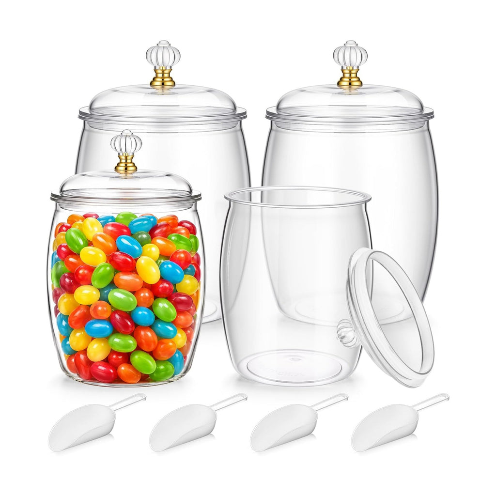 Mwellewm 4Pc Candy Jars with Lids 1 Gallon/64 OZ Clear Plastic Cookie Container with Scoops Large Airtight Apothecary Storage Organization Snack Buffet Canister for Wedding Home Kitchen Bar Decoration