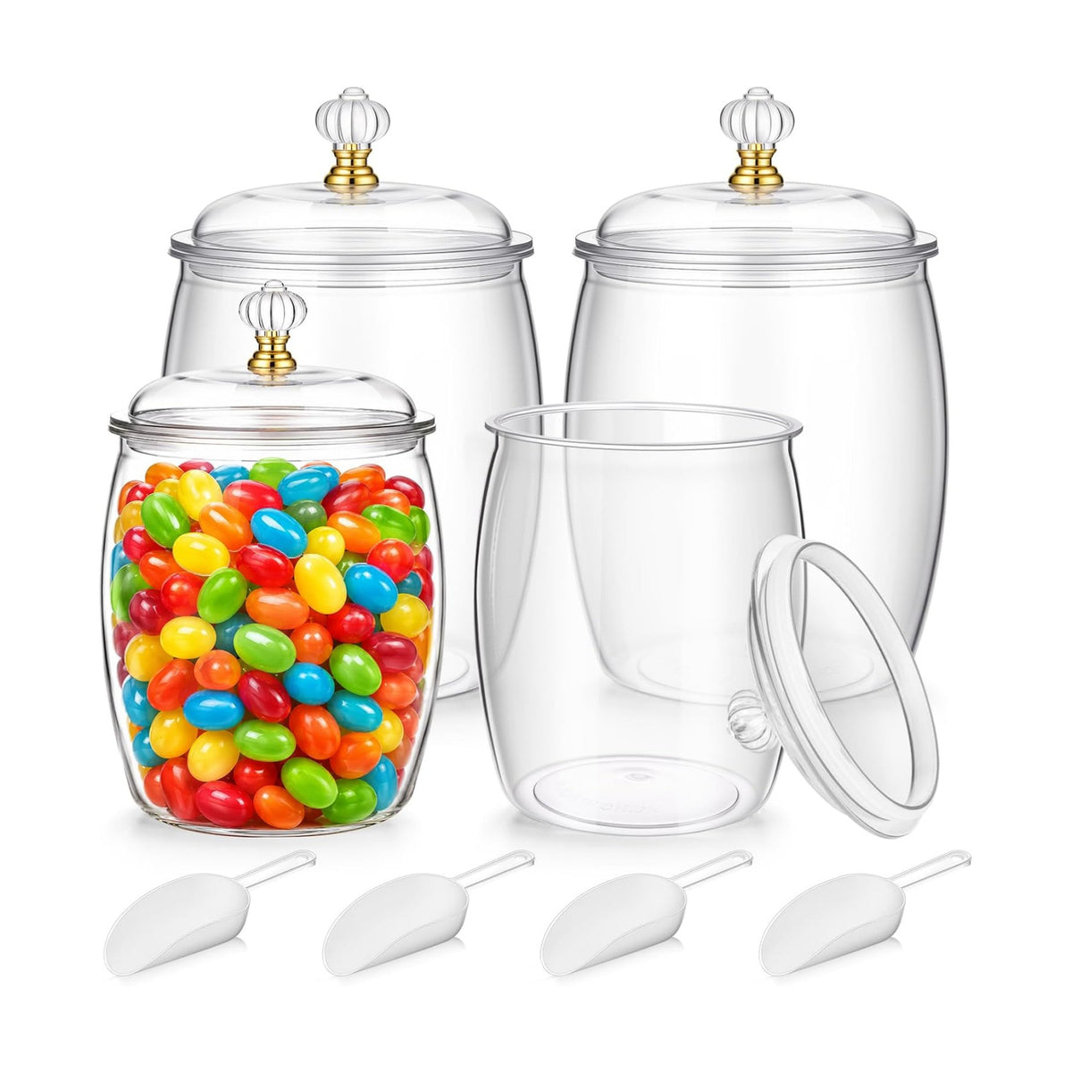 Mwellewm 4Pc Candy Jars with Lids 1 Gallon/64 OZ Clear Plastic Cookie Container with Scoops Large Airtight Apothecary Storage Organization Snack Buffet Canister for Wedding Home Kitchen Bar Decoration