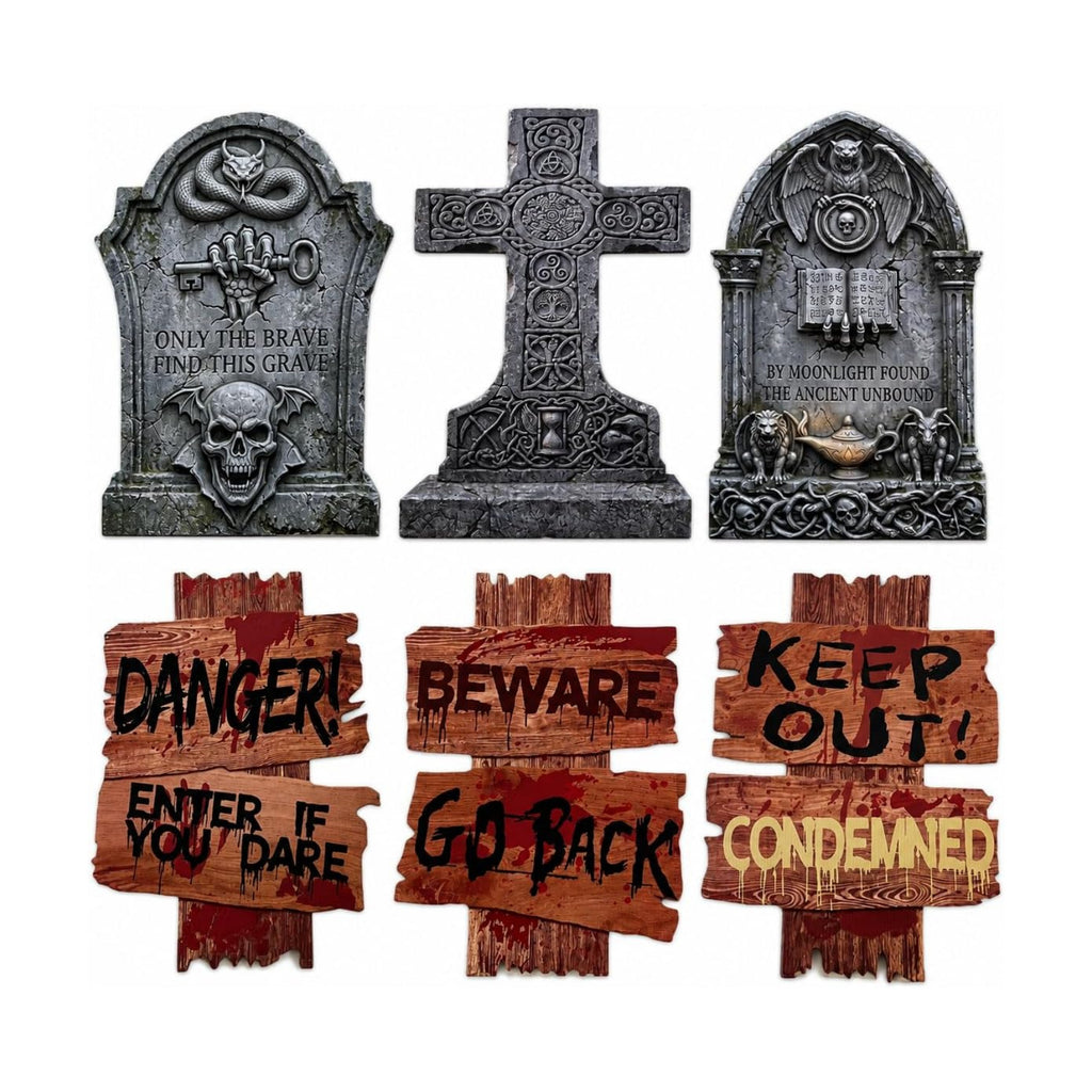 Halloween Decorations Outdoor Yard Signs, 6 Pcs 16.5" Double-Sided Graveyard Tombstones & Beware Props, Scary Zombie Stakes for Lawn Cemetery Setup, Haunted Houses and Trick or Treat Party Decor