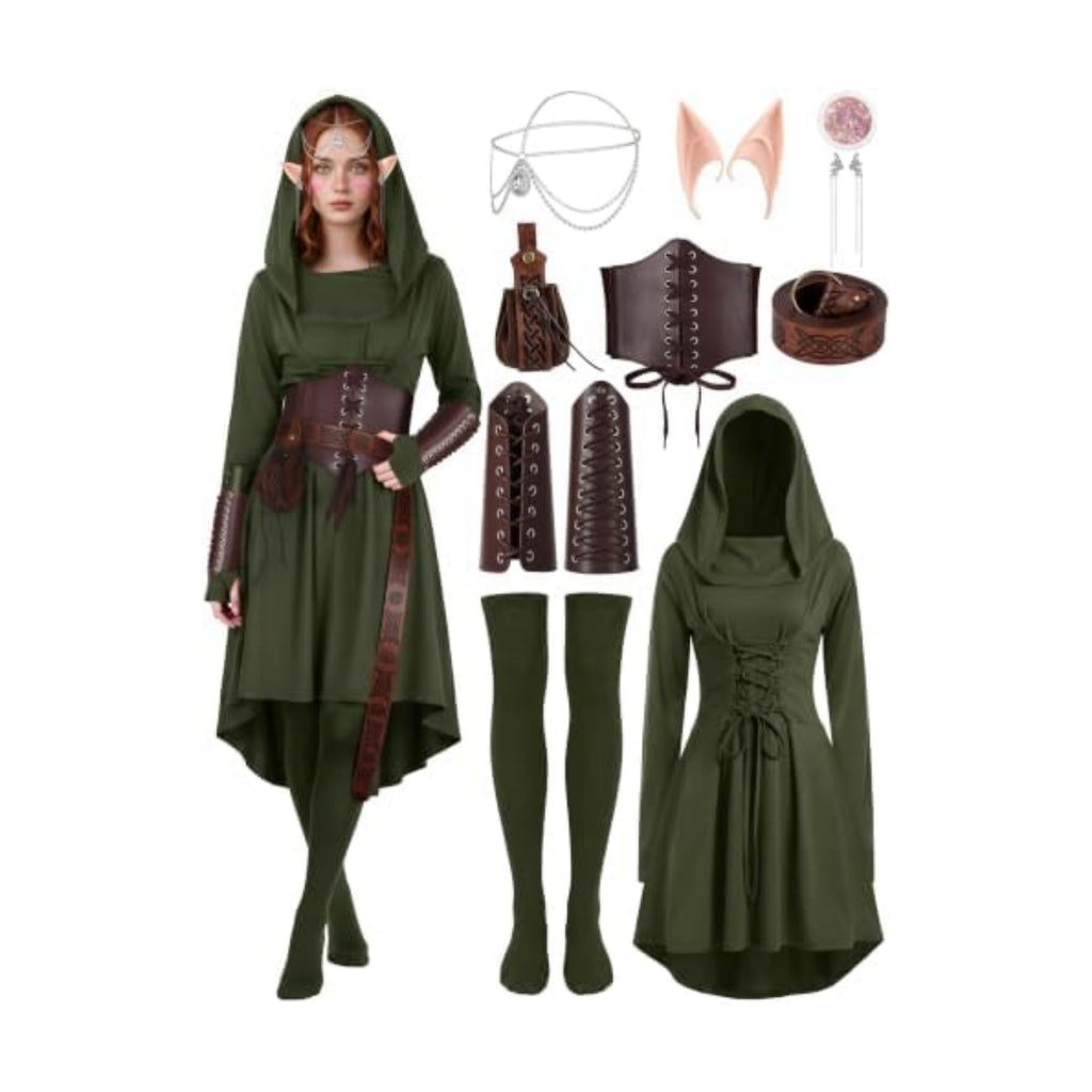 10 Pcs Women Renaissance Halloween Fairy Costumes Medieval Elf Dress S-XXL