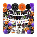36 Pcs Halloween Party Decorations Indoor, Orange Purple Black Happy Halloween Banner Paper Fans Swirls and Printed Balloons, Spooky Room Wall Decor Supplies